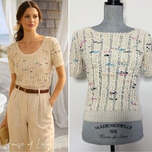 Cream textured knit short sleeve sweater Boucher top. Vintage knit.